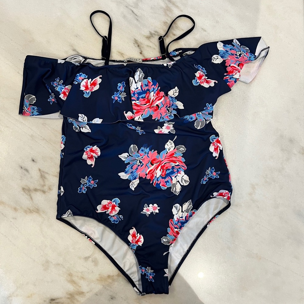 NWOT Floral Off-Shoulder‎ Swimsuit XL One-Piece Bathing Suit Navy